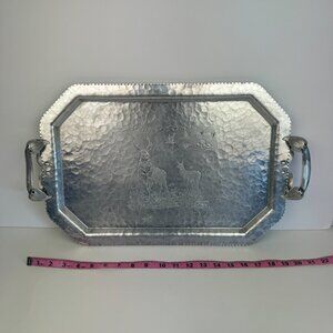 Vtg Deer‎ Geese Trade Continental Hand Wrought Hammered Aluminum Tray w Handles